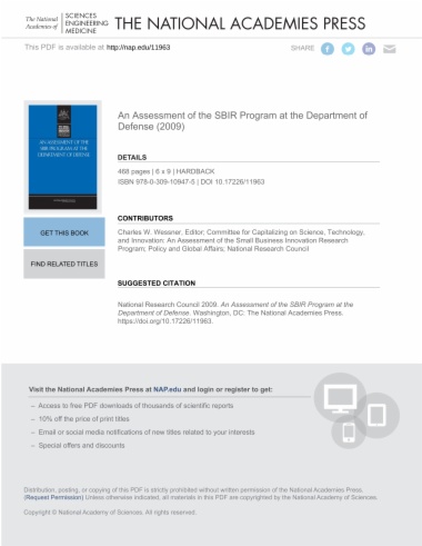 An Assessment of the SBIR Program at the Department of Defense