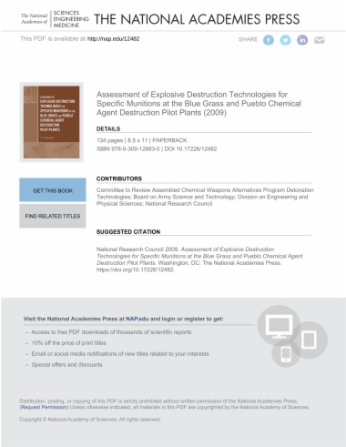 Assessment of Explosive Destruction Technologies for Specific Munitions at the Blue Grass and Pueblo Chemical Agent Destruction Pilot Plants