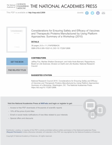 Considerations for Ensuring Safety and Efficacy of Vaccines and Therapeutic Proteins Manufactured by Using Platform Approaches