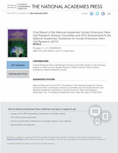 Final Report of the National Academies' Human Embryonic Stem Cell Research Advisory Committee and 2010 Amendments to the National Academies' Guidelines for Human Embryonic Stem Cell Research