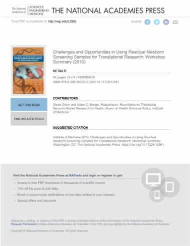 Challenges and Opportunities in Using Residual Newborn Screening Samples for Translational Research