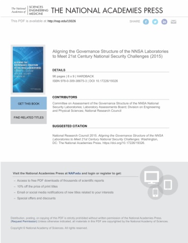 Aligning the Governance Structure of the NNSA Laboratories to Meet 21st Century National Security Challenges