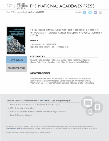 Policy Issues in the Development and Adoption of Biomarkers for Molecularly Targeted Cancer Therapies