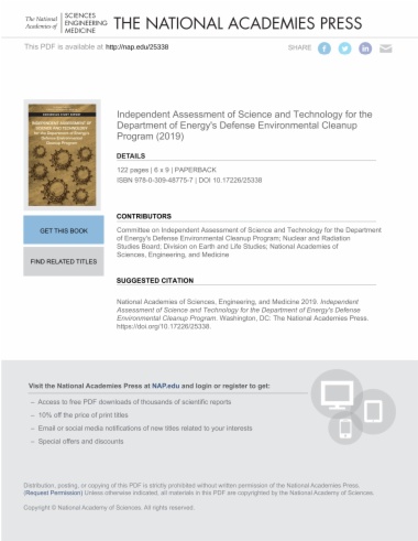 Independent Assessment of Science and Technology for the Department of Energy's Defense Environmental Cleanup Program