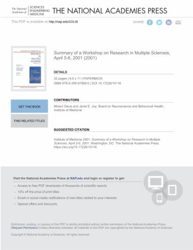 Summary of a Workshop on Research in Multiple Sclerosis, April 5-6, 2001