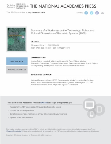 Summary of a Workshop on the Technology, Policy, and Cultural Dimensions of Biometric Systems